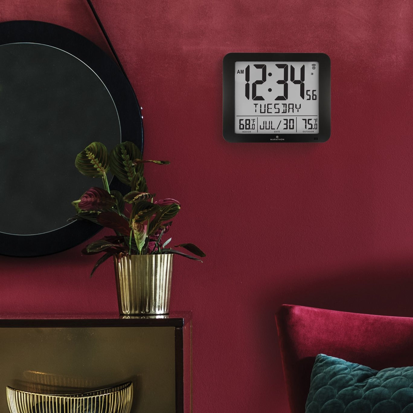 Slim Atomic Full Calendar Wall Clock with Indoor/Outdoor Temperature - Marathon Watch Company