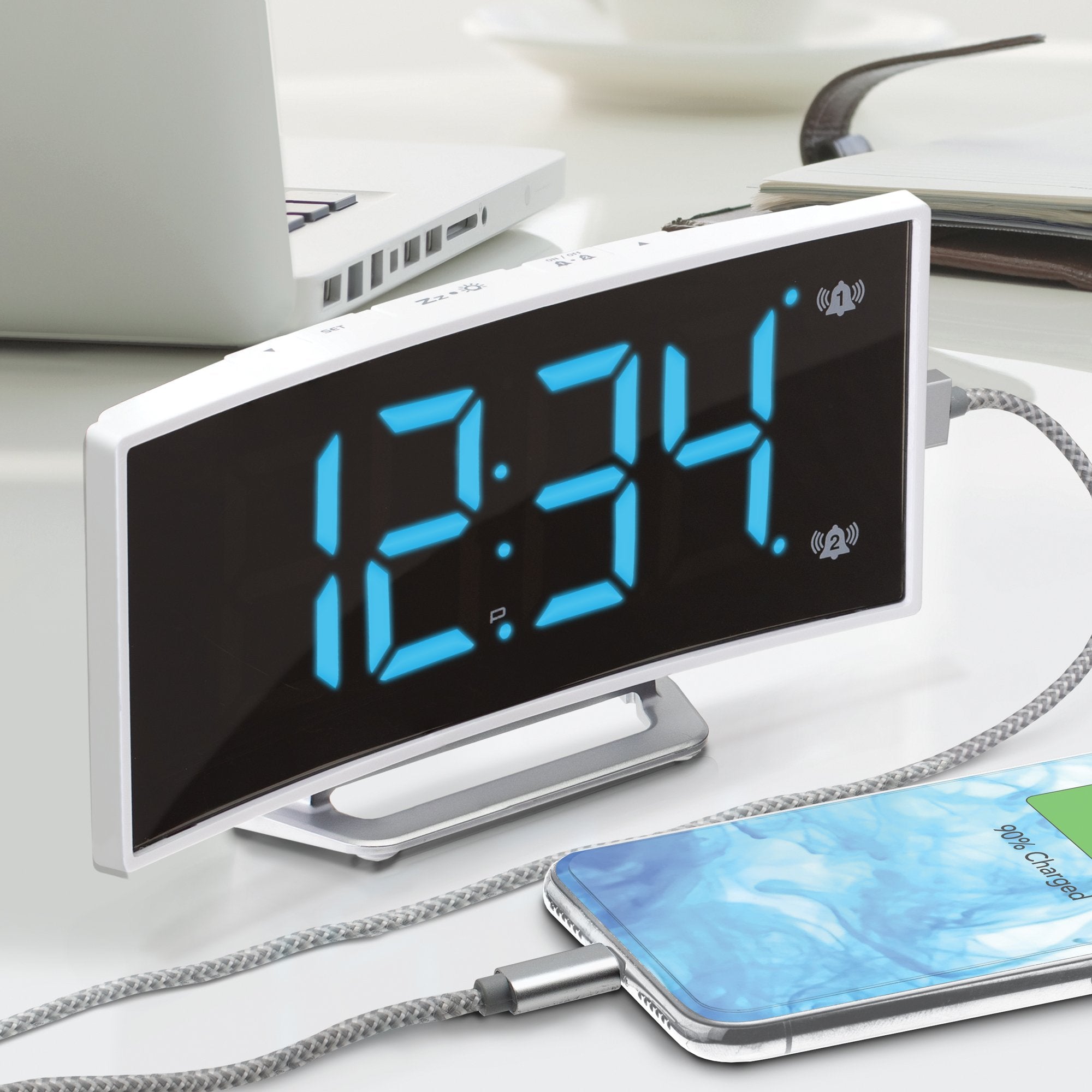 LED-Uhr mit gebogenem Display, Doppelalarm und USB-Ladeanschluss – Marathonuhr