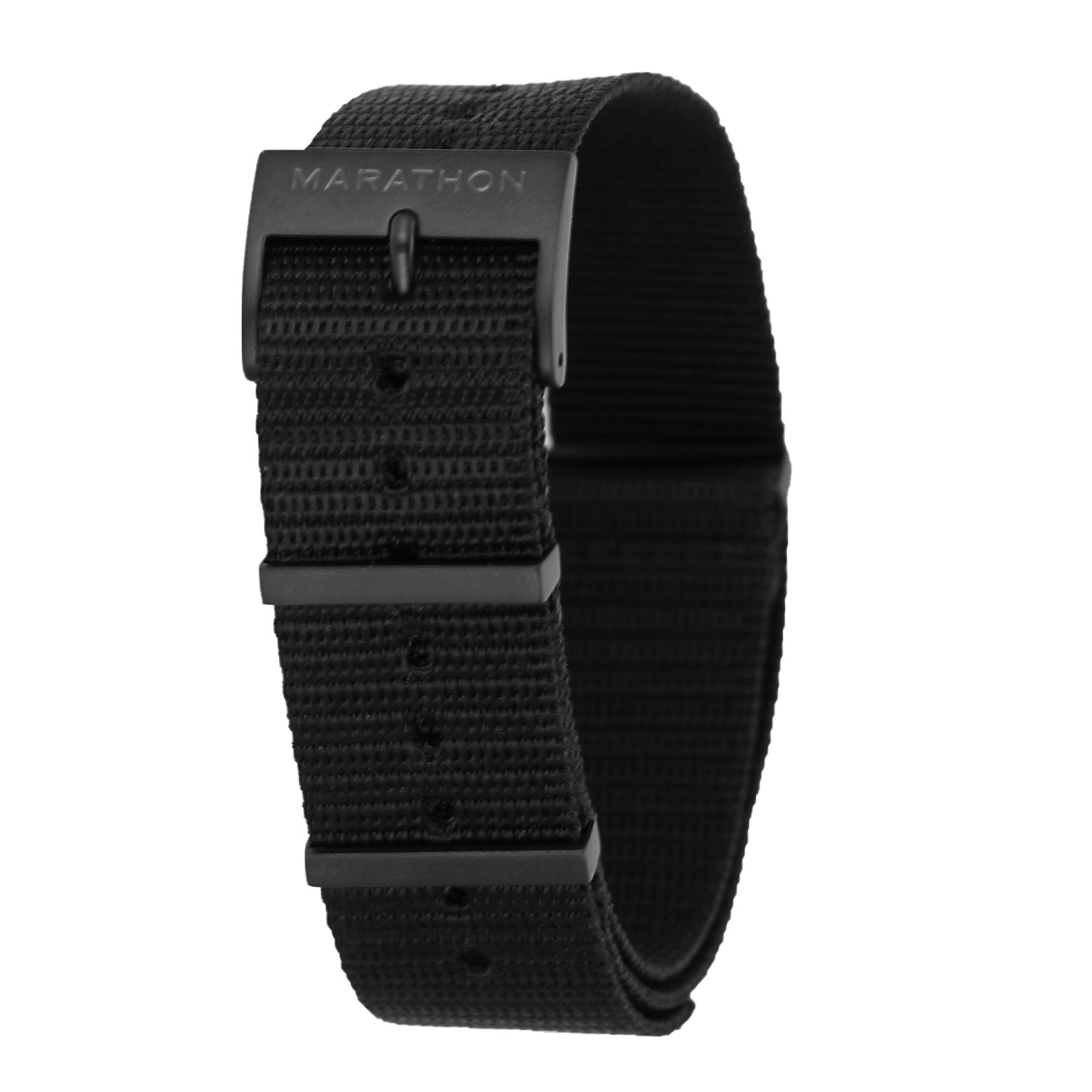 20 mm schwarzes NATO-Uhrenarmband aus Nylon mit quadratischer IP-Schnalle aus schwarzem Edelstahl – Marathonuhr